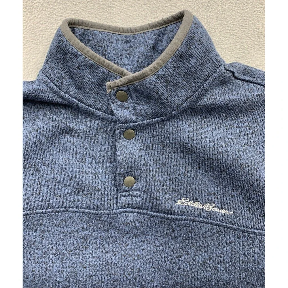 Eddie Bauer Sweater Adult Men Large Dark Blue Fleece Henley Pullover Snap Button